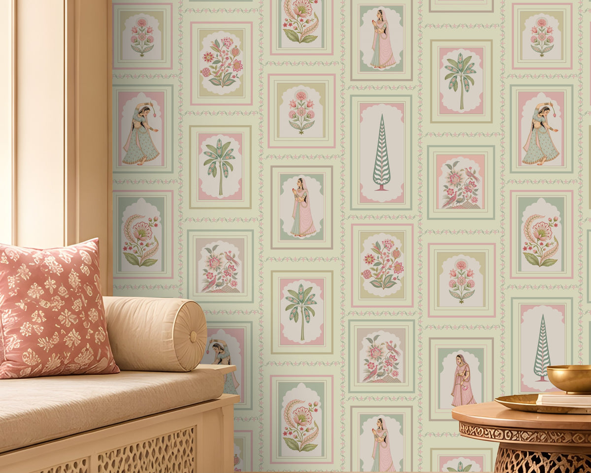 Pastel Green heritage wallpaper featuring delicate floral motifs, traditional Indian-inspired miniature artwork, intricate vintage-style frames, and muted botanical accents on a soft sage background, creating an elegant, timeless look for luxury interiors.