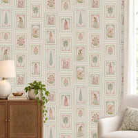 Rajkumari – Pearl White seamless wallpaper featuring traditional Indian princess illustrations, delicate floral motifs, elegant botanical patterns, and intricate decorative frames in soft pearl white, blush pink, sage green, and muted beige tones, perfect for creating a luxurious and timeless Indian-inspired interior.