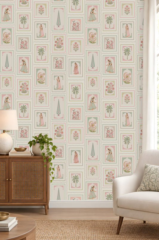 Rajkumari – Pearl White seamless wallpaper featuring traditional Indian princess illustrations, delicate floral motifs, elegant botanical patterns, and intricate decorative frames in soft pearl white, blush pink, sage green, and muted beige tones, perfect for creating a luxurious and timeless Indian-inspired interior.