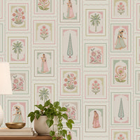 Rajkumari – Pearl White seamless wallpaper featuring traditional Indian princess illustrations, delicate floral motifs, elegant botanical patterns, and intricate decorative frames in soft pearl white, blush pink, sage green, and muted beige tones, perfect for creating a luxurious and timeless Indian-inspired interior.