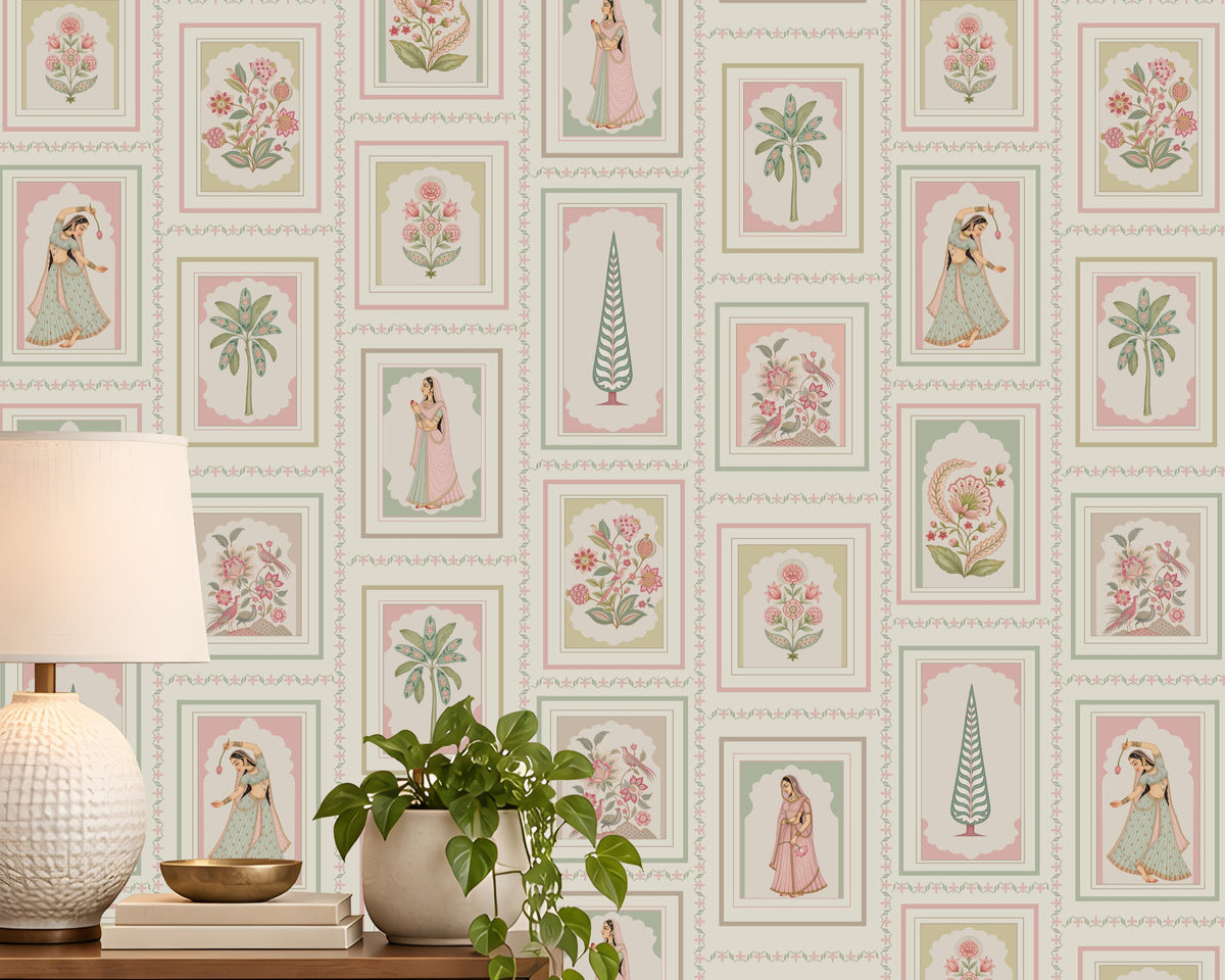 Rajkumari – Pearl White seamless wallpaper featuring traditional Indian princess illustrations, delicate floral motifs, elegant botanical patterns, and intricate decorative frames in soft pearl white, blush pink, sage green, and muted beige tones, perfect for creating a luxurious and timeless Indian-inspired interior.