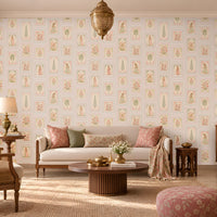 Soft blue heritage wallpaper featuring delicate floral motifs, traditional Indian-inspired artwork, muted sage green botanical accents, and intricate vintage-style frames on a warm ivory background, creating an elegant and timeless look for luxury interiors.