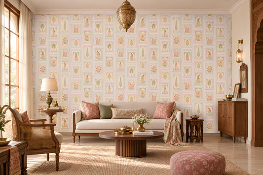 Soft blue heritage wallpaper featuring delicate floral motifs, traditional Indian-inspired artwork, muted sage green botanical accents, and intricate vintage-style frames on a warm ivory background, creating an elegant and timeless look for luxury interiors.