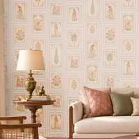 Soft blue heritage wallpaper featuring delicate floral motifs, traditional Indian-inspired artwork, muted sage green botanical accents, and intricate vintage-style frames on a warm ivory background, creating an elegant and timeless look for luxury interiors.