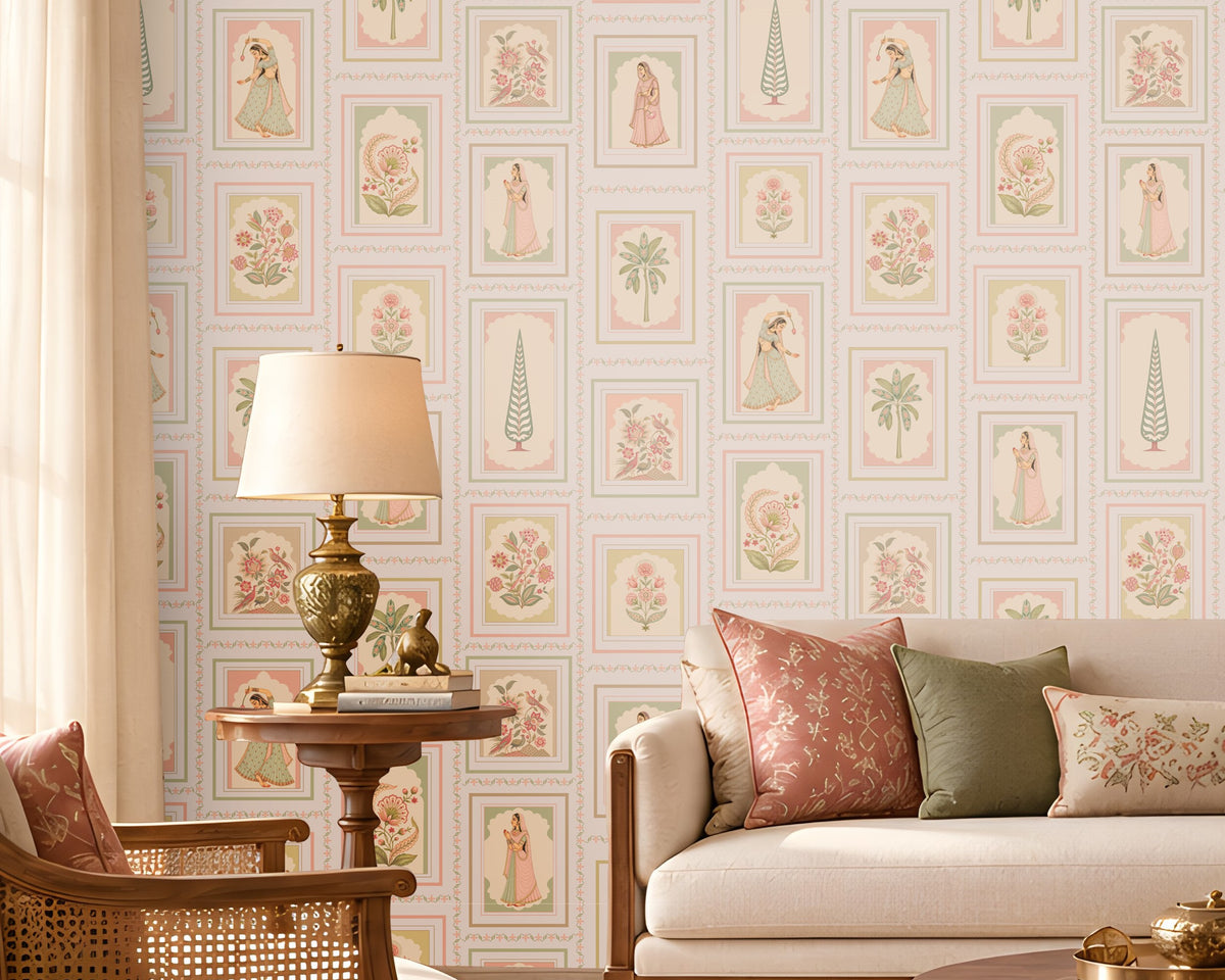 Soft blue heritage wallpaper featuring delicate floral motifs, traditional Indian-inspired artwork, muted sage green botanical accents, and intricate vintage-style frames on a warm ivory background, creating an elegant and timeless look for luxury interiors.