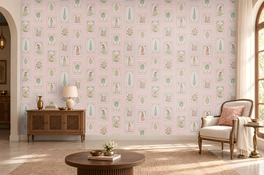 Soft blush pink heritage wallpaper featuring delicate floral patterns, traditional Indian miniature illustrations, intricate vintage-style frames, and muted sage green botanical accents on a pastel pink background, perfect for elegant and timeless Indian-inspired interiors.