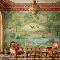 This Vrindavan Green pichwai mural features a lush, sacred landscape wallpaper design showcasing holy cows, vibrant peacocks, and cranes. The traditional Indian folk-art style depicts rolling green hills, lotus ponds, and blooming botanical details. Ideal as a cultural accent wall, this nature-inspired decor adds spiritual elegance to heritage interiors, pairing perfectly with ornate wooden furniture and traditional architectural motifs for a grand, storied atmosphere.