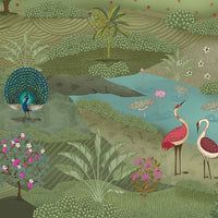 This Vrindavan Green Rajvansh Pichwai mural wallpaper transforms a pooja room into a sacred sanctuary using traditional Indian folk-art. The landscape wallpaper features holy cows, dancing peacocks, and cranes near a serene lotus pond. This cultural accent wall is rich in botanical motifs and spiritual symbolism. Ideal for heritage home decor, this nature-inspired wall mural pairs perfectly with marble shrines and traditional prayer accessories to create a peaceful, devotional atmosphere.