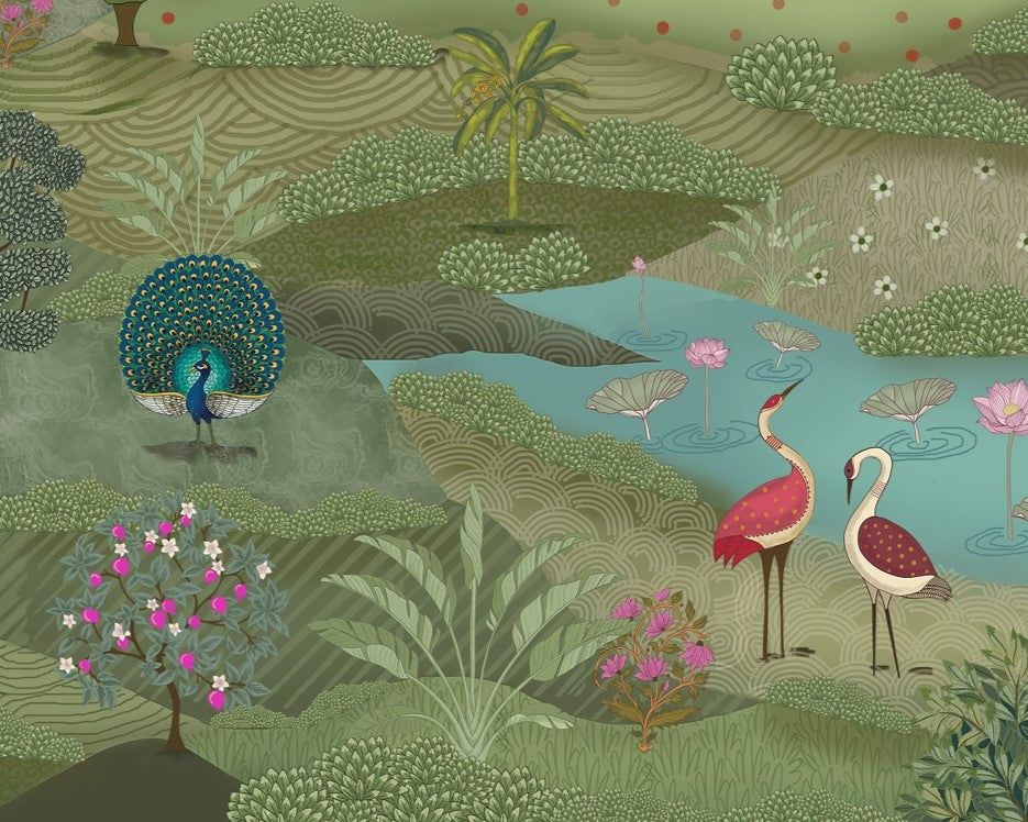 This Vrindavan Green Rajvansh Pichwai mural wallpaper transforms a pooja room into a sacred sanctuary using traditional Indian folk-art. The landscape wallpaper features holy cows, dancing peacocks, and cranes near a serene lotus pond. This cultural accent wall is rich in botanical motifs and spiritual symbolism. Ideal for heritage home decor, this nature-inspired wall mural pairs perfectly with marble shrines and traditional prayer accessories to create a peaceful, devotional atmosphere.