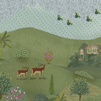 This Vrindavan Green Rajvansh Pichwai mural wallpaper transforms a pooja room into a sacred sanctuary using traditional Indian folk-art. The landscape wallpaper features holy cows, dancing peacocks, and cranes near a serene lotus pond. This cultural accent wall is rich in botanical motifs and spiritual symbolism. Ideal for heritage home decor, this nature-inspired wall mural pairs perfectly with marble shrines and traditional prayer accessories to create a peaceful, devotional atmosphere.