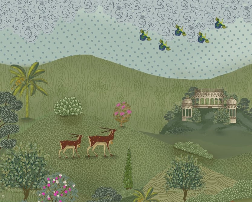 This Vrindavan Green Rajvansh Pichwai mural wallpaper transforms a pooja room into a sacred sanctuary using traditional Indian folk-art. The landscape wallpaper features holy cows, dancing peacocks, and cranes near a serene lotus pond. This cultural accent wall is rich in botanical motifs and spiritual symbolism. Ideal for heritage home decor, this nature-inspired wall mural pairs perfectly with marble shrines and traditional prayer accessories to create a peaceful, devotional atmosphere.