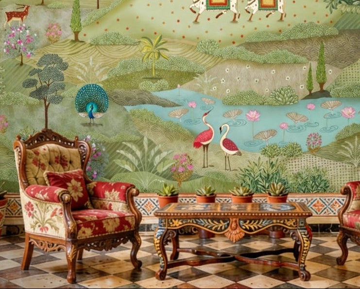 This Vrindavan Green pichwai mural features a lush, sacred landscape wallpaper design showcasing holy cows, vibrant peacocks, and cranes. The traditional Indian folk-art style depicts rolling green hills, lotus ponds, and blooming botanical details. Ideal as a cultural accent wall, this nature-inspired decor adds spiritual elegance to heritage interiors, pairing perfectly with ornate wooden furniture and traditional architectural motifs for a grand, storied atmosphere.