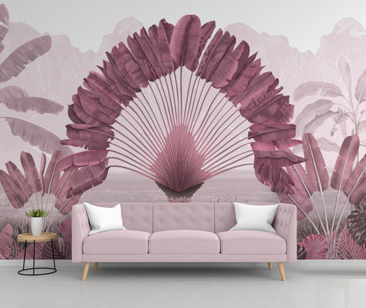 An architectural perspective of a modern living room featuring the Regal Fronds Mural in Dusty Pink as a full-scale feature wall. The mural’s symmetrical botanical design pairs elegantly with light oak flooring and cream linen upholstery, creating a sophisticated and immersive interior sanctuary.