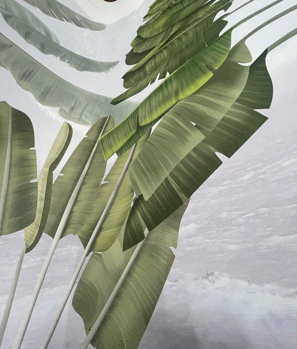 An architectural perspective of a modern living room featuring the Regal Fronds Mural as a full-scale feature wall behind a deep forest green leather sofa. The mural’s symmetrical botanical design pairs elegantly with large windows and natural wood flooring, creating a sophisticated and immersive interior sanctuary.