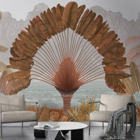An architectural perspective of a modern living room featuring the Regal Fronds Mural in Peat Brown as a full-scale feature wall. The mural’s symmetrical botanical design pairs elegantly with dark wood textures and cognac leather furniture, creating a grounded, peaceful, and cultured interior sanctuary.
