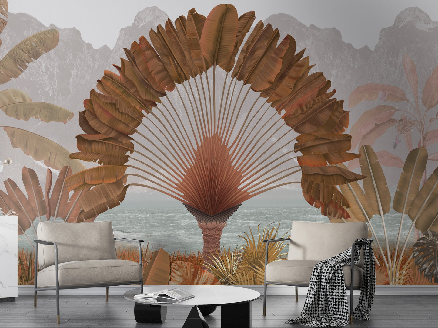 An architectural perspective of a modern living room featuring the Regal Fronds Mural in Peat Brown as a full-scale feature wall. The mural’s symmetrical botanical design pairs elegantly with dark wood textures and cognac leather furniture, creating a grounded, peaceful, and cultured interior sanctuary.