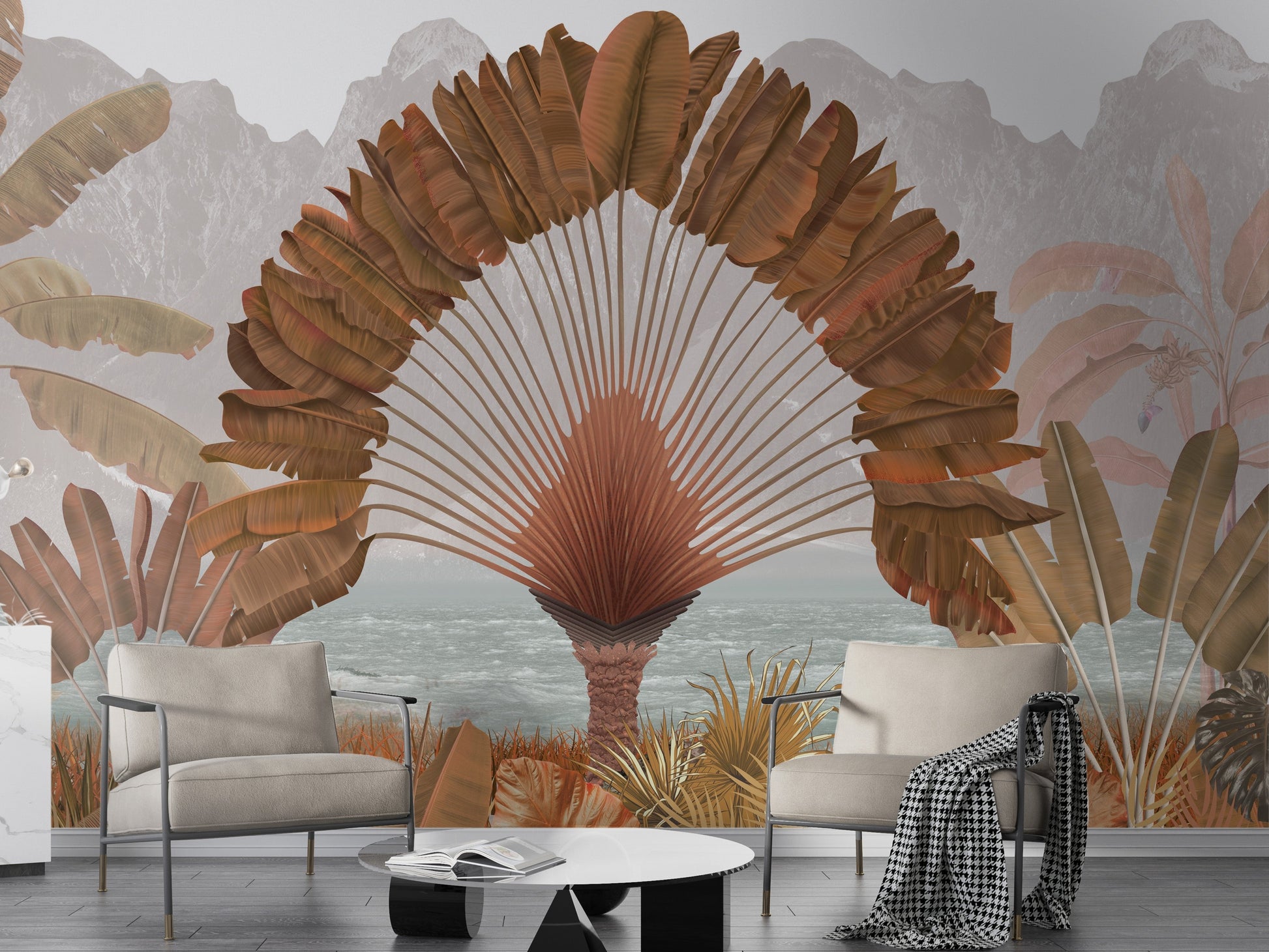 An architectural perspective of a modern living room featuring the Regal Fronds Mural in Peat Brown as a full-scale feature wall. The mural’s symmetrical botanical design pairs elegantly with dark wood textures and cognac leather furniture, creating a grounded, peaceful, and cultured interior sanctuary.