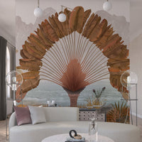 An architectural perspective of a modern living room featuring the Regal Fronds Mural in Peat Brown as a full-scale feature wall. The mural’s symmetrical botanical design pairs elegantly with dark wood textures and cognac leather furniture, creating a grounded, peaceful, and cultured interior sanctuary.