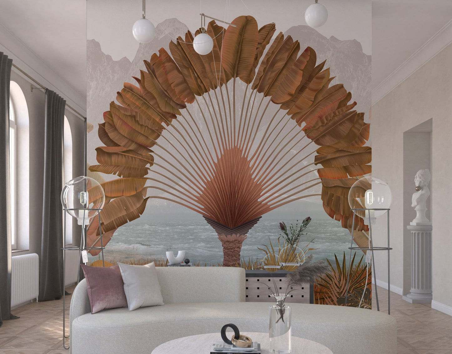 An architectural perspective of a modern living room featuring the Regal Fronds Mural in Peat Brown as a full-scale feature wall. The mural’s symmetrical botanical design pairs elegantly with dark wood textures and cognac leather furniture, creating a grounded, peaceful, and cultured interior sanctuary.