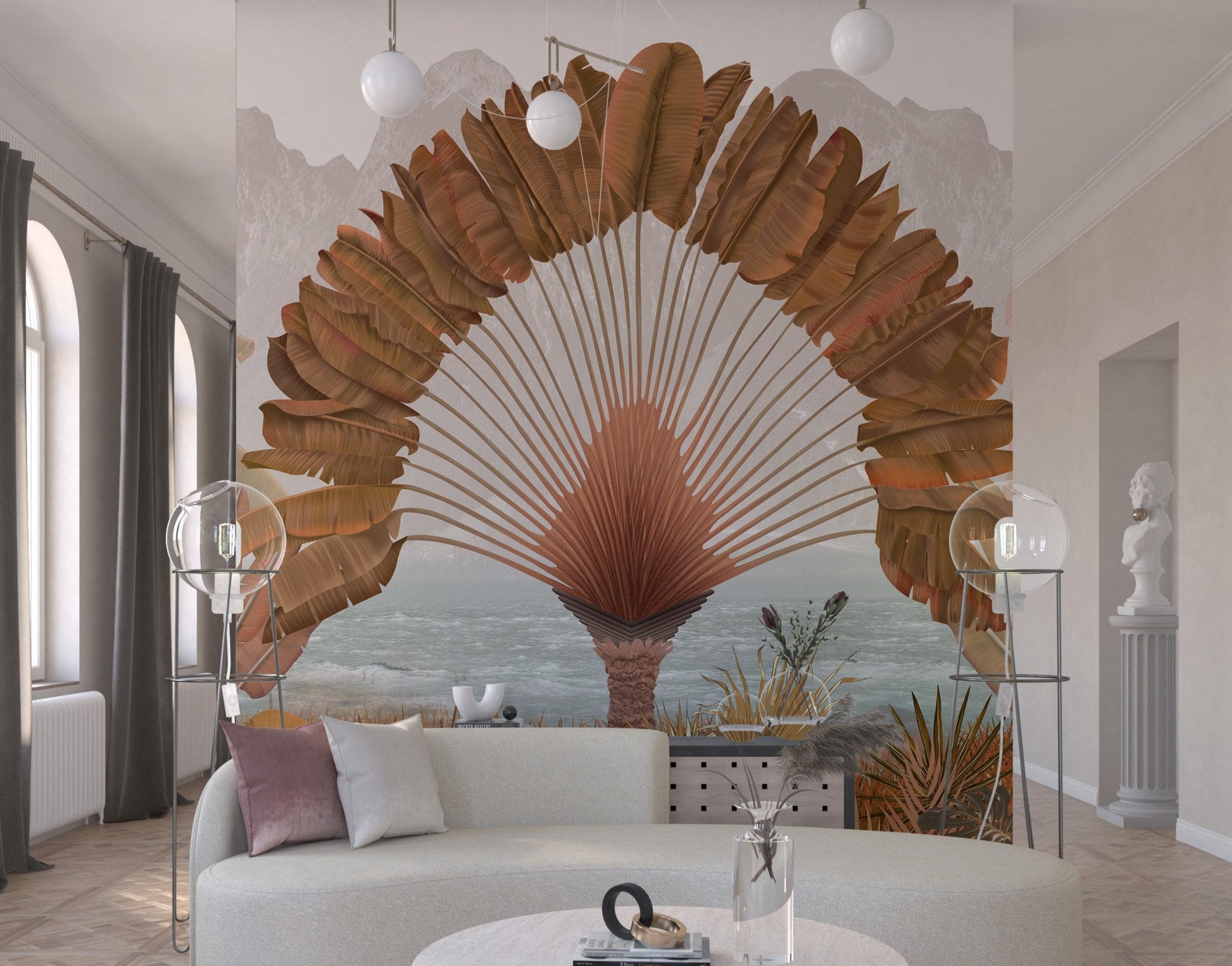 An architectural perspective of a modern living room featuring the Regal Fronds Mural in Peat Brown as a full-scale feature wall. The mural’s symmetrical botanical design pairs elegantly with dark wood textures and cognac leather furniture, creating a grounded, peaceful, and cultured interior sanctuary.