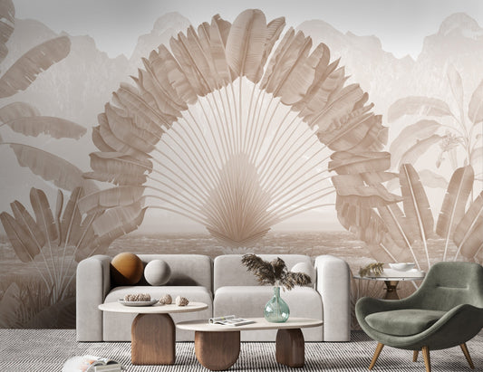An architectural perspective of a modern living room featuring the Regal Fronds Mural in Sandy Ochre as a full-scale feature wall. The mural’s symmetrical botanical design pairs elegantly with light oak textures and warm neutral upholstery, creating a radiant, peaceful, and cultured interior sanctuary.