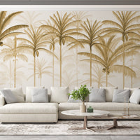 An architectural perspective of a spacious living room featuring the Rising Palms Mural in Driftwood as a full-scale feature wall. The mural’s vertical palm composition pairs elegantly with light-toned furniture and organic textures, creating an airy and sophisticated interior sanctuary.