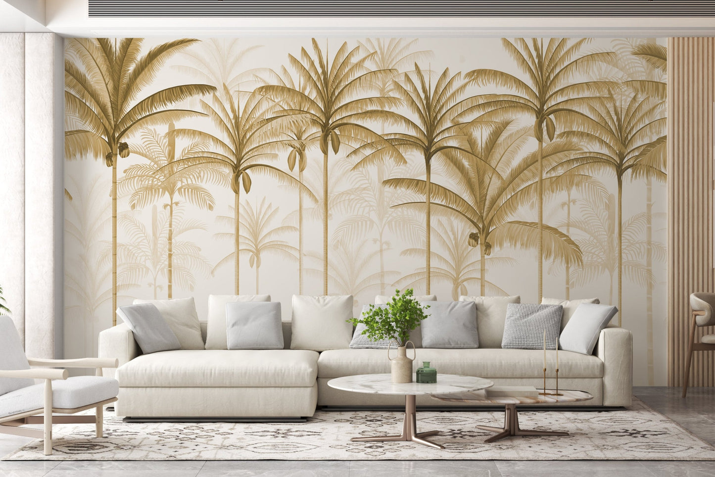 An architectural perspective of a spacious living room featuring the Rising Palms Mural in Driftwood as a full-scale feature wall. The mural’s vertical palm composition pairs elegantly with light-toned furniture and organic textures, creating an airy and sophisticated interior sanctuary.