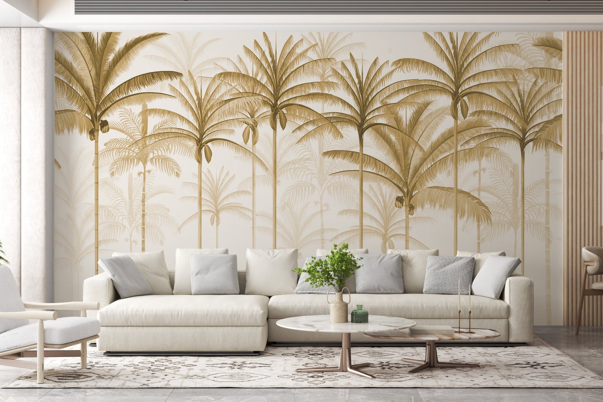 An architectural perspective of a spacious living room featuring the Rising Palms Mural in Driftwood as a full-scale feature wall. The mural’s vertical palm composition pairs elegantly with light-toned furniture and organic textures, creating an airy and sophisticated interior sanctuary.