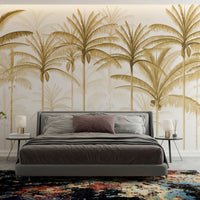 An architectural perspective of a spacious living room featuring the Rising Palms Mural in Driftwood as a full-scale feature wall. The mural’s vertical palm composition pairs elegantly with light-toned furniture and organic textures, creating an airy and sophisticated interior sanctuary.