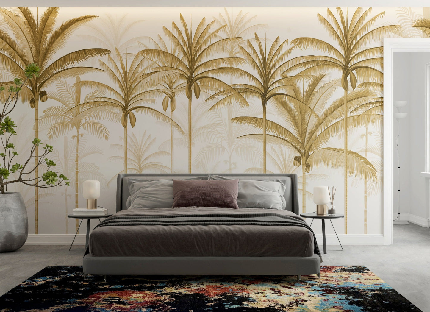 An architectural perspective of a spacious living room featuring the Rising Palms Mural in Driftwood as a full-scale feature wall. The mural’s vertical palm composition pairs elegantly with light-toned furniture and organic textures, creating an airy and sophisticated interior sanctuary.
