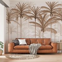 An architectural perspective of a spacious living room featuring the Rising Palms Mural in Harmonic Chestnut as a full-scale feature wall. The mural’s vertical palm composition pairs elegantly with natural wood flooring and mid-century modern furniture, creating an airy and sophisticated interior sanctuary.