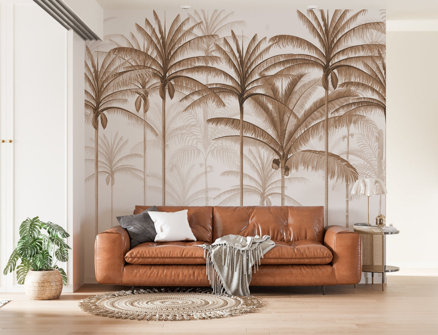 An architectural perspective of a spacious living room featuring the Rising Palms Mural in Harmonic Chestnut as a full-scale feature wall. The mural’s vertical palm composition pairs elegantly with natural wood flooring and mid-century modern furniture, creating an airy and sophisticated interior sanctuary.
