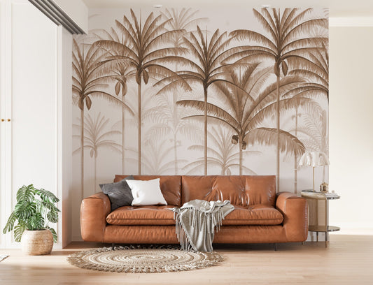 An architectural perspective of a spacious living room featuring the Rising Palms Mural in Harmonic Chestnut as a full-scale feature wall. The mural’s vertical palm composition pairs elegantly with natural wood flooring and mid-century modern furniture, creating an airy and sophisticated interior sanctuary.