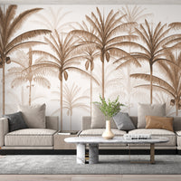 An architectural perspective of a spacious living room featuring the Rising Palms Mural in Harmonic Chestnut as a full-scale feature wall. The mural’s vertical palm composition pairs elegantly with natural wood flooring and mid-century modern furniture, creating an airy and sophisticated interior sanctuary.