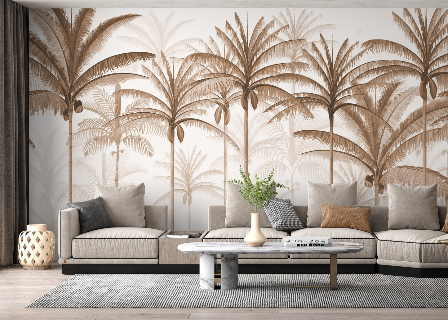 An architectural perspective of a spacious living room featuring the Rising Palms Mural in Harmonic Chestnut as a full-scale feature wall. The mural’s vertical palm composition pairs elegantly with natural wood flooring and mid-century modern furniture, creating an airy and sophisticated interior sanctuary.