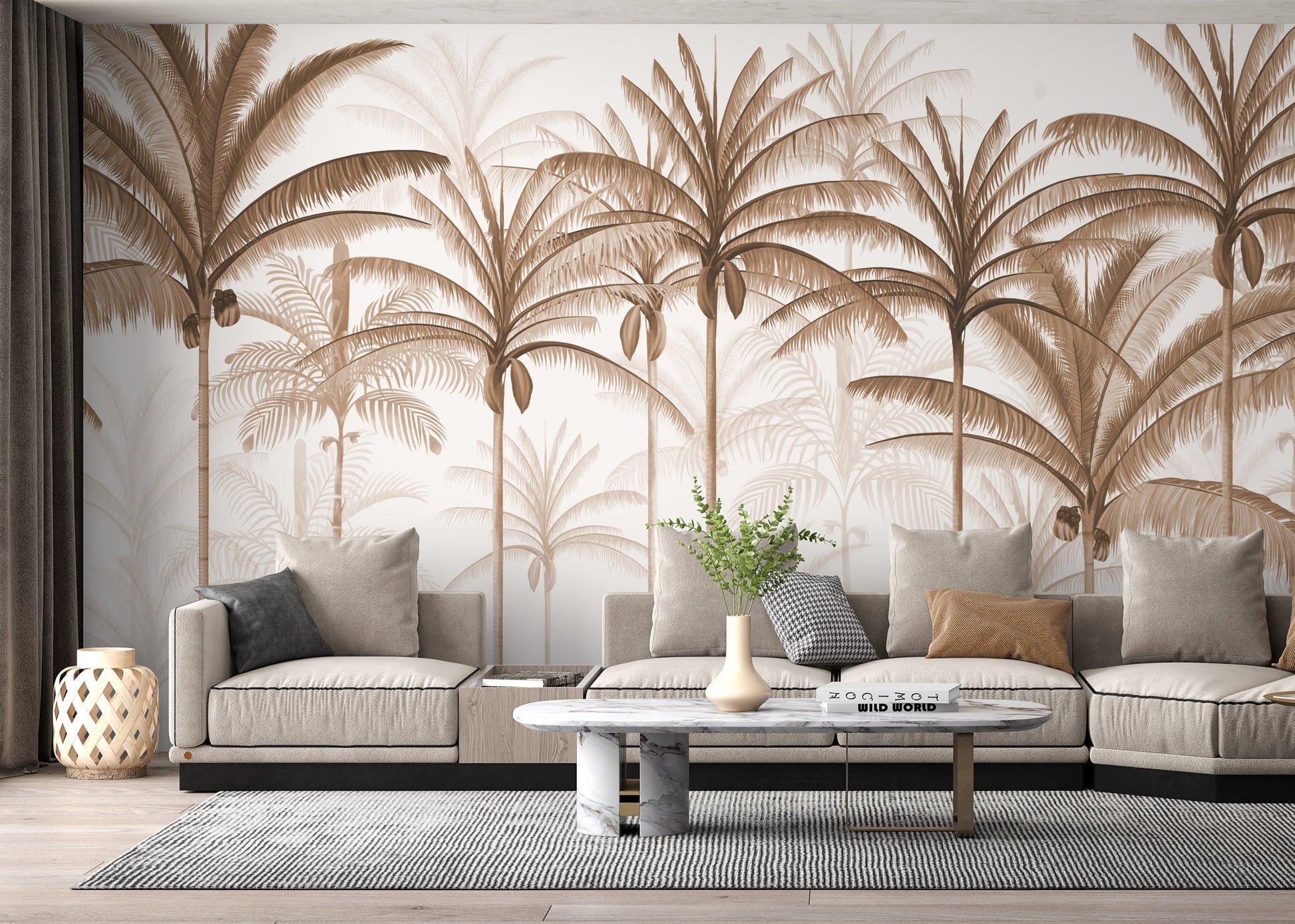 An architectural perspective of a spacious living room featuring the Rising Palms Mural in Harmonic Chestnut as a full-scale feature wall. The mural’s vertical palm composition pairs elegantly with natural wood flooring and mid-century modern furniture, creating an airy and sophisticated interior sanctuary.