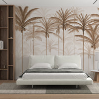 An architectural perspective of a spacious living room featuring the Rising Palms Mural in Harmonic Chestnut as a full-scale feature wall. The mural’s vertical palm composition pairs elegantly with natural wood flooring and mid-century modern furniture, creating an airy and sophisticated interior sanctuary.