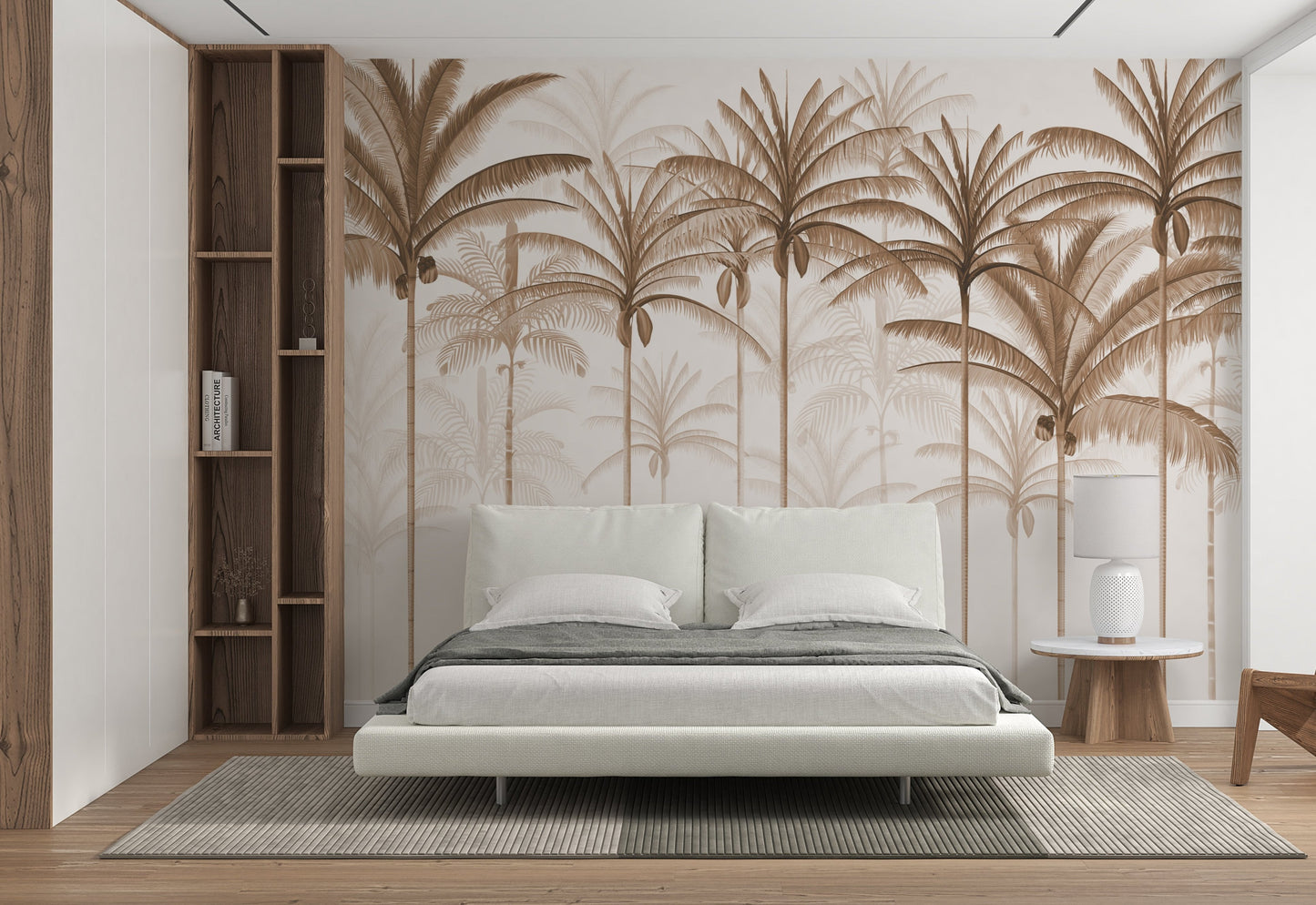 An architectural perspective of a spacious living room featuring the Rising Palms Mural in Harmonic Chestnut as a full-scale feature wall. The mural’s vertical palm composition pairs elegantly with natural wood flooring and mid-century modern furniture, creating an airy and sophisticated interior sanctuary.
