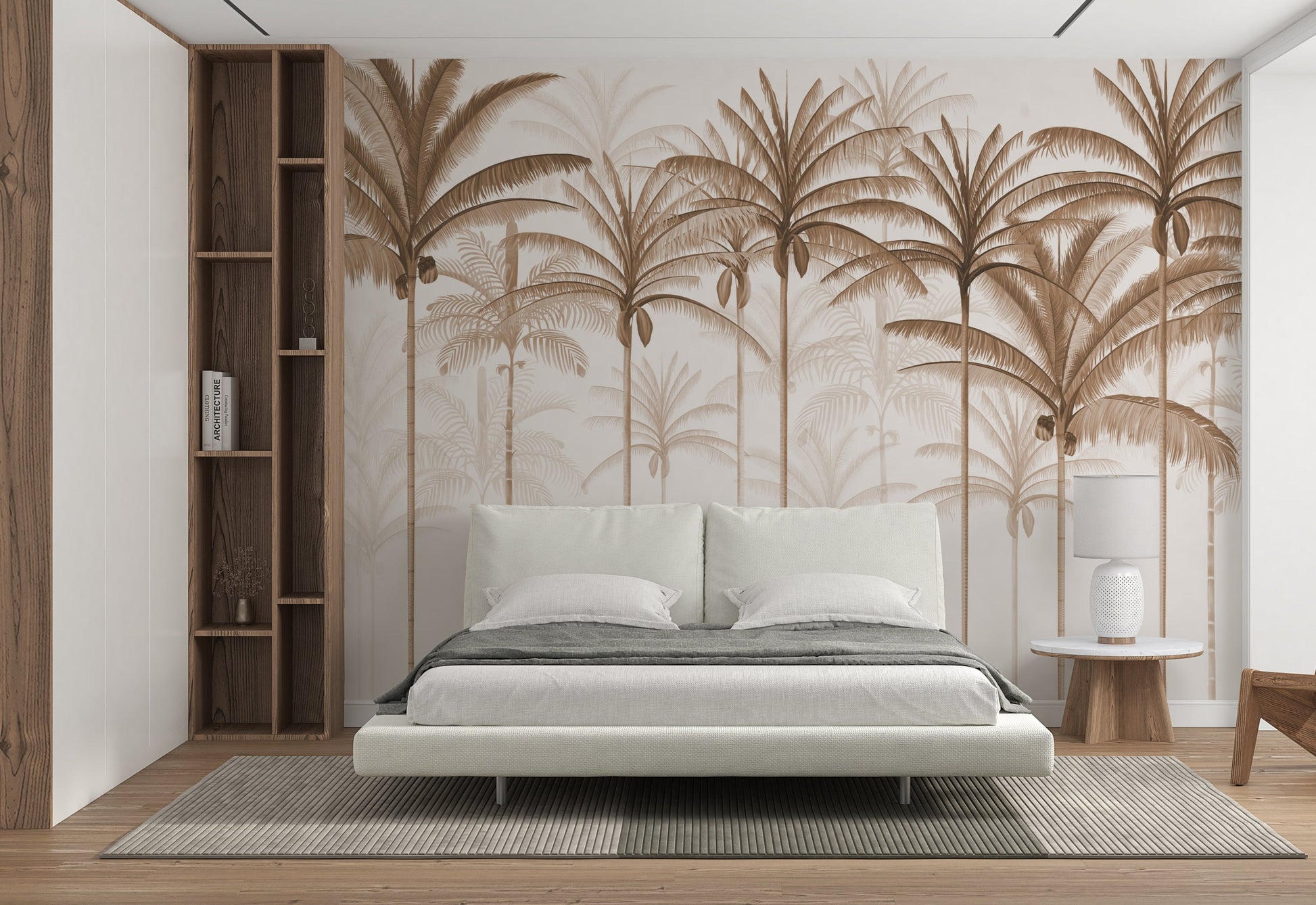 An architectural perspective of a spacious living room featuring the Rising Palms Mural in Harmonic Chestnut as a full-scale feature wall. The mural’s vertical palm composition pairs elegantly with natural wood flooring and mid-century modern furniture, creating an airy and sophisticated interior sanctuary.