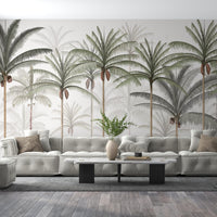 An architectural perspective of a spacious living room featuring the Rising Palms Mural as a full-scale feature wall behind a large, modular cream sofa. The mural’s vertical palm composition pairs elegantly with dark wood flooring and contemporary furniture, creating an airy and sophisticated interior sanctuary.