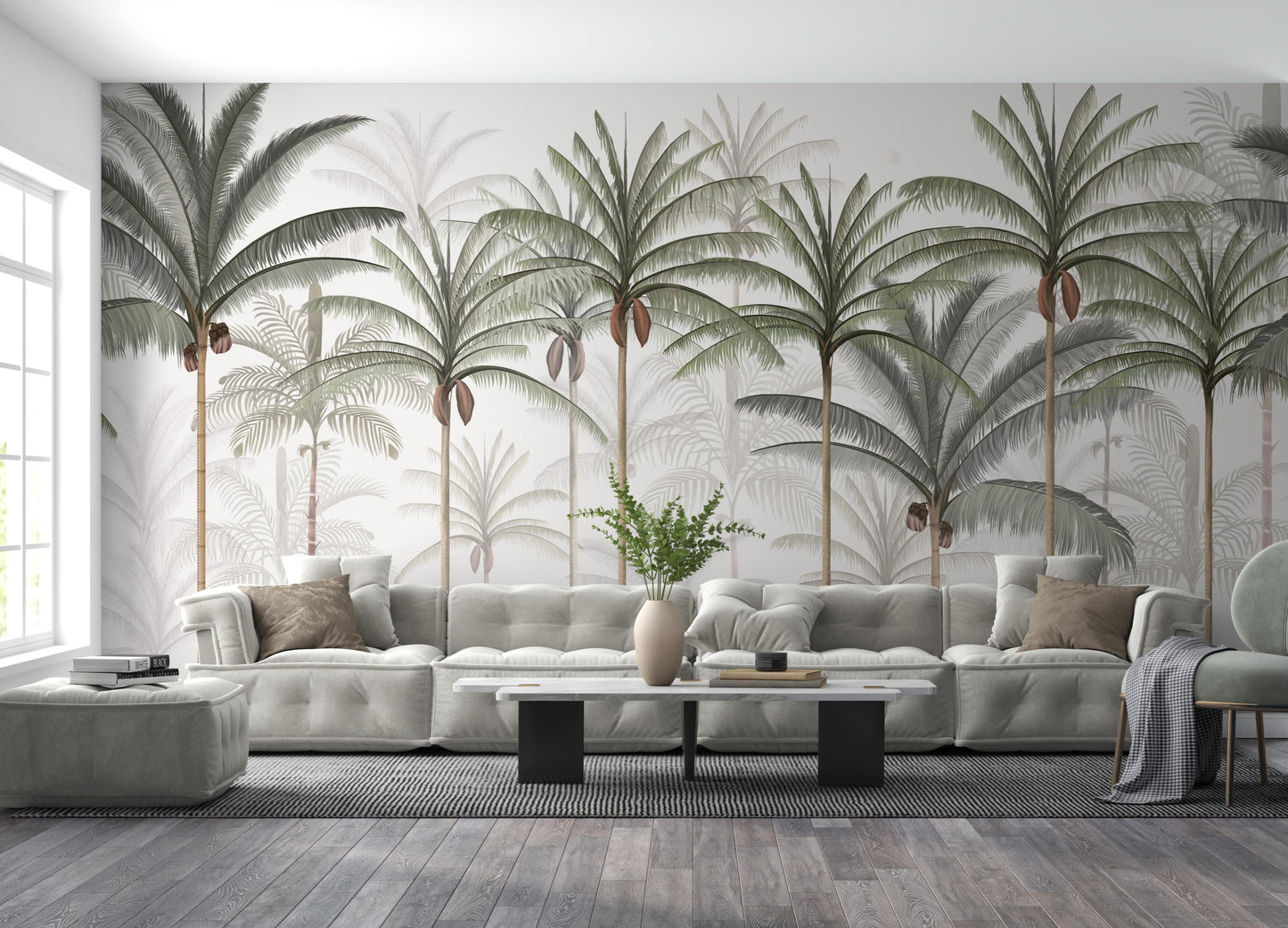 An architectural perspective of a spacious living room featuring the Rising Palms Mural as a full-scale feature wall behind a large, modular cream sofa. The mural’s vertical palm composition pairs elegantly with dark wood flooring and contemporary furniture, creating an airy and sophisticated interior sanctuary.