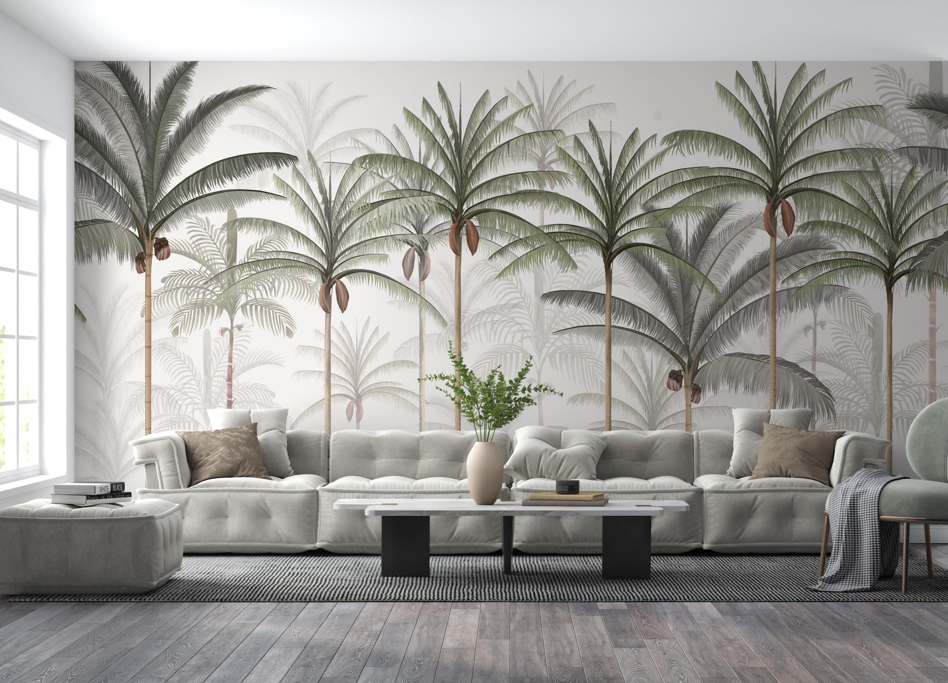 An architectural perspective of a spacious living room featuring the Rising Palms Mural as a full-scale feature wall behind a large, modular cream sofa. The mural’s vertical palm composition pairs elegantly with dark wood flooring and contemporary furniture, creating an airy and sophisticated interior sanctuary.
