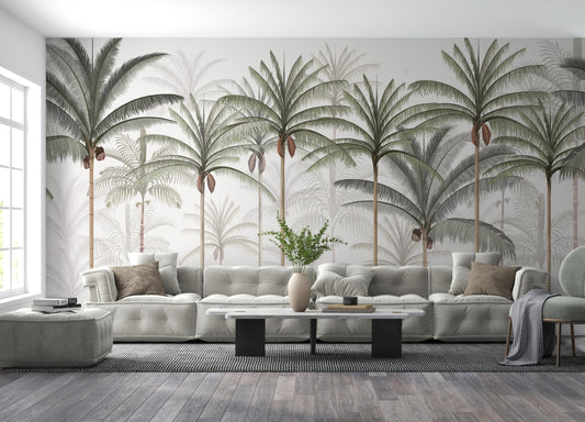 An architectural perspective of a spacious living room featuring the Rising Palms Mural as a full-scale feature wall behind a large, modular cream sofa. The mural’s vertical palm composition pairs elegantly with dark wood flooring and contemporary furniture, creating an airy and sophisticated interior sanctuary.