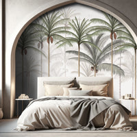 An architectural perspective of a spacious living room featuring the Rising Palms Mural as a full-scale feature wall behind a large, modular cream sofa. The mural’s vertical palm composition pairs elegantly with dark wood flooring and contemporary furniture, creating an airy and sophisticated interior sanctuary.