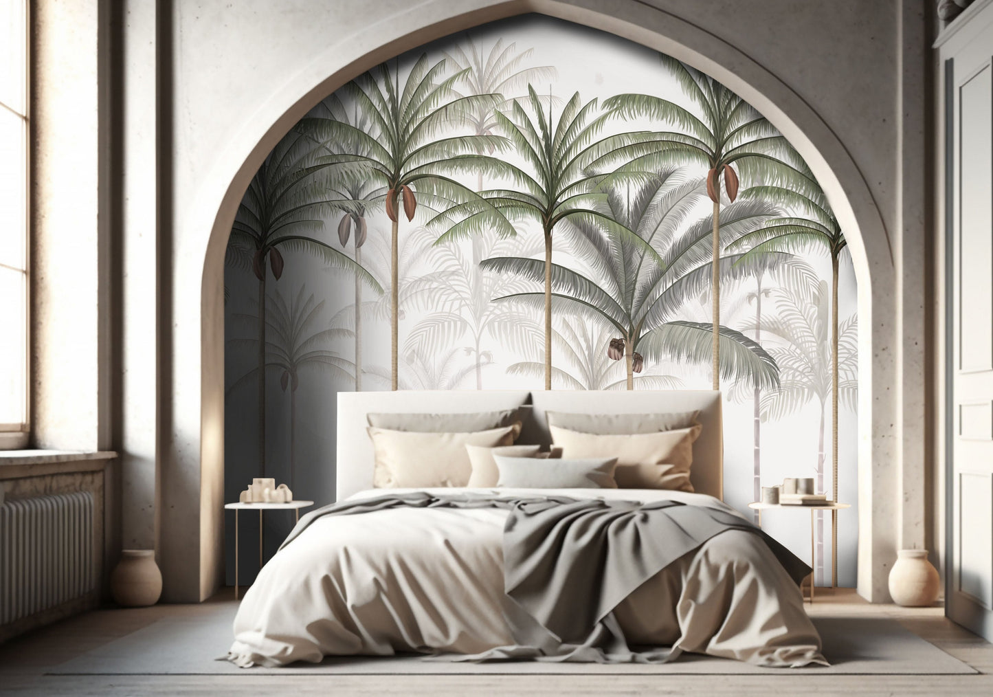An architectural perspective of a spacious living room featuring the Rising Palms Mural as a full-scale feature wall behind a large, modular cream sofa. The mural’s vertical palm composition pairs elegantly with dark wood flooring and contemporary furniture, creating an airy and sophisticated interior sanctuary.