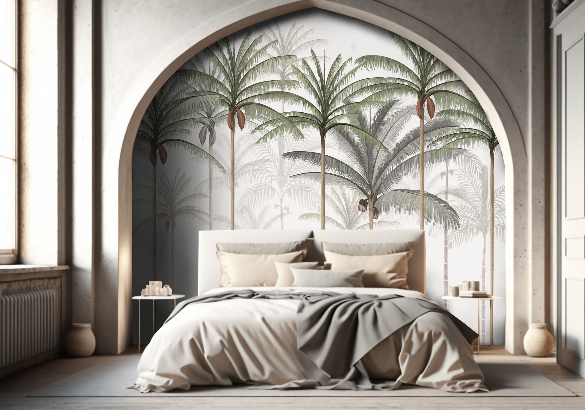 An architectural perspective of a spacious living room featuring the Rising Palms Mural as a full-scale feature wall behind a large, modular cream sofa. The mural’s vertical palm composition pairs elegantly with dark wood flooring and contemporary furniture, creating an airy and sophisticated interior sanctuary.
