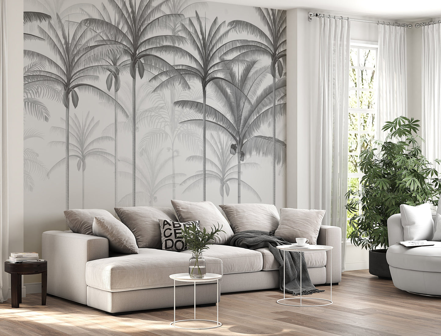 An architectural perspective of a spacious living room featuring the Rising Palms Mural in Pewter Grey as a full-scale feature wall. The mural’s vertical palm composition pairs elegantly with sleek stone surfaces and polished metal accents, creating an airy and sophisticated interior sanctuary.