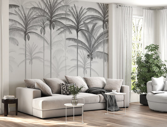 An architectural perspective of a spacious living room featuring the Rising Palms Mural in Pewter Grey as a full-scale feature wall. The mural’s vertical palm composition pairs elegantly with sleek stone surfaces and polished metal accents, creating an airy and sophisticated interior sanctuary.