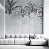 An architectural perspective of a spacious living room featuring the Rising Palms Mural in Pewter Grey as a full-scale feature wall. The mural’s vertical palm composition pairs elegantly with sleek stone surfaces and polished metal accents, creating an airy and sophisticated interior sanctuary.