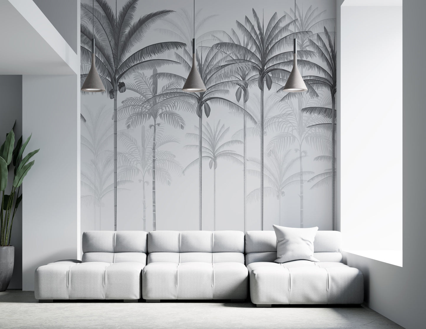 An architectural perspective of a spacious living room featuring the Rising Palms Mural in Pewter Grey as a full-scale feature wall. The mural’s vertical palm composition pairs elegantly with sleek stone surfaces and polished metal accents, creating an airy and sophisticated interior sanctuary.